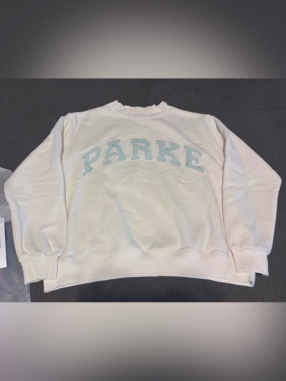 PARKE Women's original bridal collection. FLEECE Mockneck in Pearl + Pale Blue